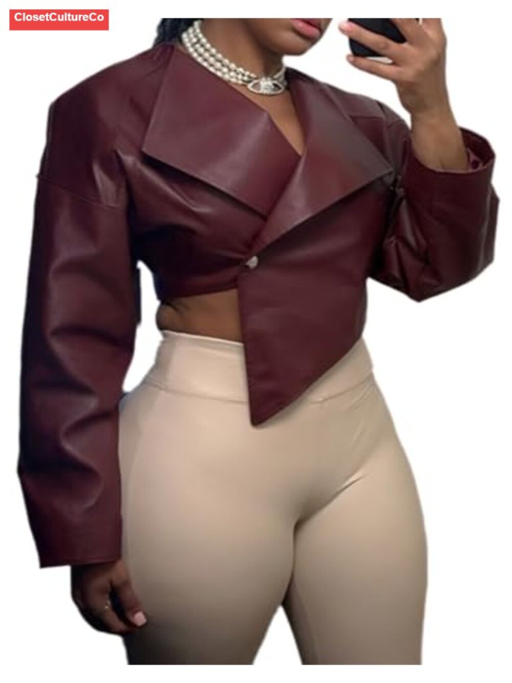 Faux Leather Cropped Bomber Jacket Irregular Hem Lapel Long Sleeve
